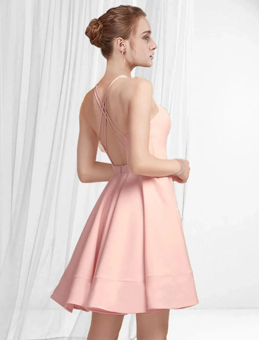 A-Line Cocktail Dresses Reformation Amante Dress Homecoming Party Wear Short / Mini Sleeveless Spaghetti Strap Pink Dress Satin with Pleats by YiHuiw