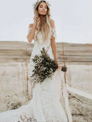 Beach Boho Wedding Dresses Mermaid / Trumpet Off Shoulder Cap Sleeve Chapel Train Lace Bridal Gowns With Appliques Solid Color Summer Wedding Party