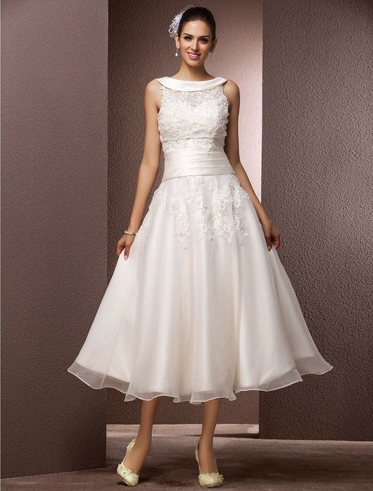 Hall Wedding Dresses A-Line Illusion Neck Sleeveless Tea Length Lace Bridal Gowns With Pearl Beading Summer Wedding Party Women's Clothing by YiHuiw