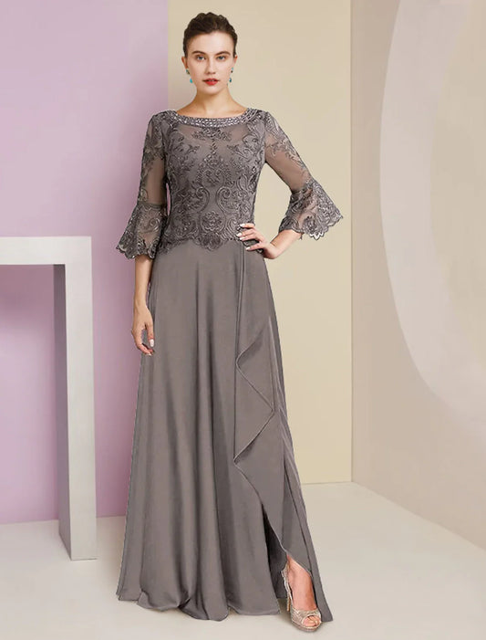 A-Line Mother of the Bride Dress Formal Elegant V Neck Sweep / Brush Train Lace Chiffon 3/4 Length Sleeve with Beading Appliques