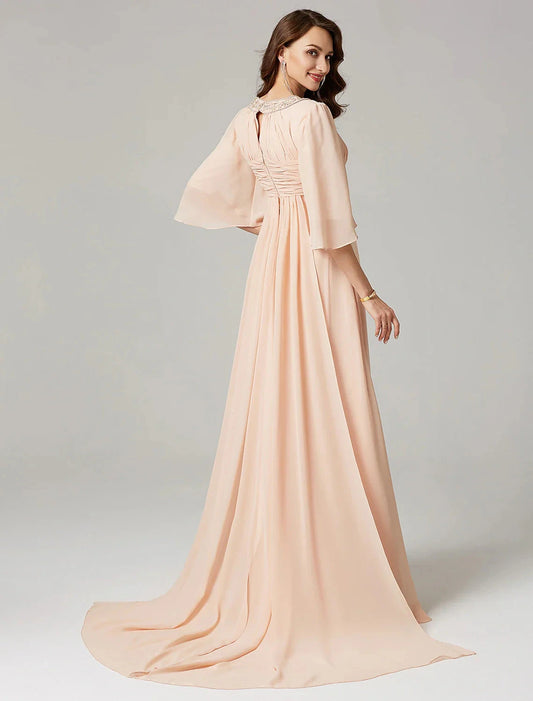A-Line Mother of the Bride Dress Luxurious Elegant Jewel Neck Sweep / Brush Train Chiffon Half Sleeve with Pleats Beading by YiHuiw