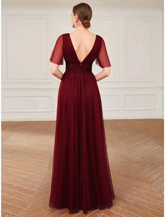 A-Line Bridesmaid Dress V Neck Short Sleeve Plus Size Floor Length Tulle with Ruffles / Draping / Tier / Butterfly Sleeve by YiHuiw