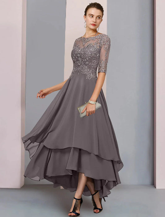A-Line Mother of the Bride Dress Formal Wedding Guest Elegant Scoop Neck Asymmetrical Tea Length Chiffon Lace 3/4 Length Sleeve with Beading Tier Appliques by YiHuiw
