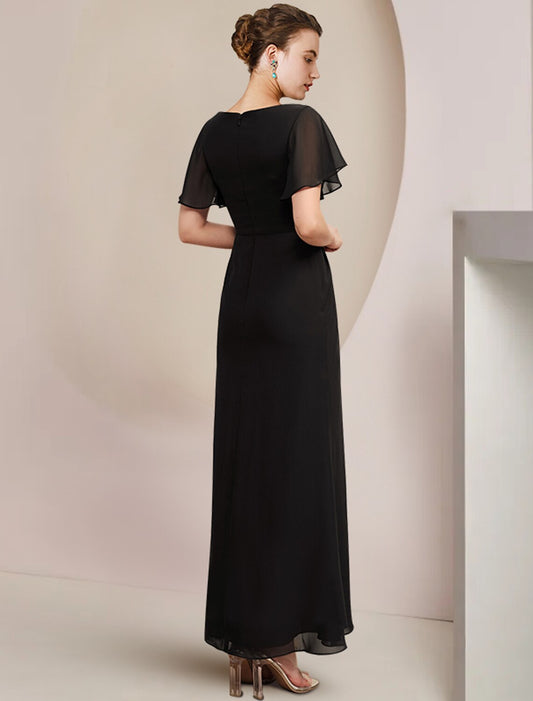 Sheath / Column Mother of the Bride Dress Wedding Guest Elegant Scoop Neck Ankle Length Chiffon Short Sleeve with Crystal Brooch Side-Draped by YiHuiw