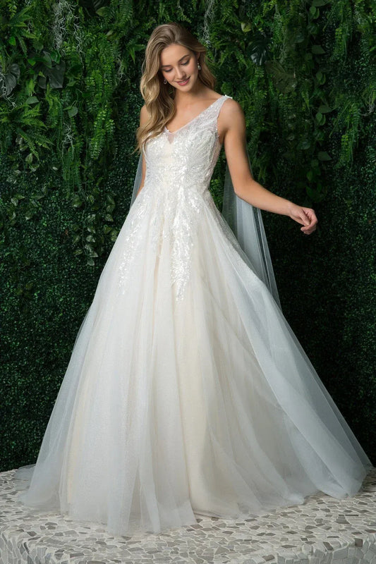A-Line V-Neck Sleeveless Floor-Length Wedding Dress - Yihuiw by Yihuiw