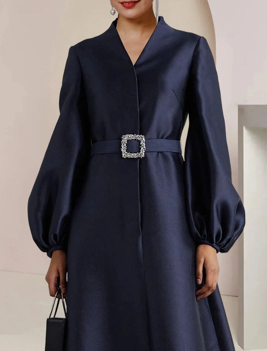 A-Line Mother of the Bride Dress Wedding Guest Party Elegant V Neck Floor Length Satin Long Sleeve with Pearls Crystal Brooch by YiHuiw