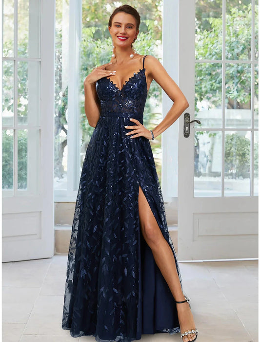 A-Line Evening Gown Floral Dress Formal Floor Length Sleeveless Spaghetti Strap Satin with Slit Appliques by YiHuiw