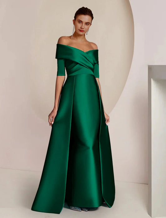 Sheath / Column Mother of the Bride Dress Formal Wedding Guest Party Elegant Off Shoulder Floor Length Satin Half Sleeve with Ruching by YiHuiw