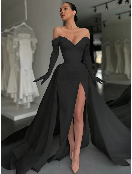A-Line Evening Gown Elegant Dress Formal Court Train Long Sleeve Off Shoulder Satin with Buttons Pleats Slit by YiHuiw