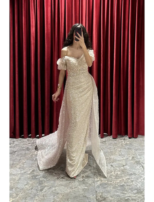 Sheath / Column Evening Gown Sparkle & Shine Dress Formal Fall Sweep / Brush Train Short Sleeve V Neck Sequined with Glitter Ruched by YiHuiw
