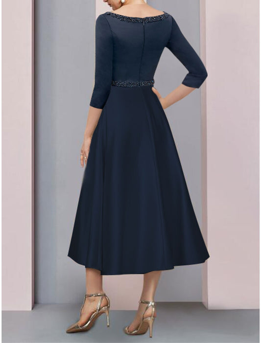 A-Line Mother of the Bride Dress Wedding Guest Vintage Elegant V Neck Tea Length Satin Short Sleeve with Pleats Beading by YiHuiw