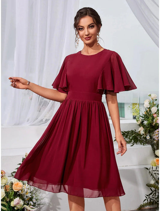 A-Line Wedding Guest Dresses Elegant Dress Holiday Knee Length Short Sleeve Jewel Neck Chiffon with Pleats Ruffles by YiHuiw