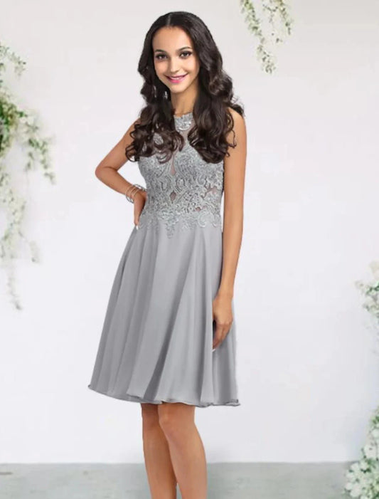 A-Line Bridesmaid Dress Jewel Neck Sleeveless Elegant Short / Mini Chiffon / Lace / Tulle with Pleats / Appliques by YiHuiw