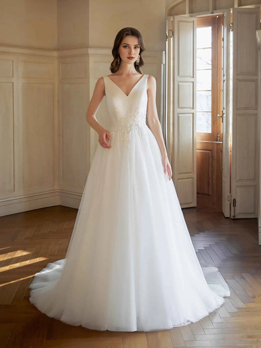 A-Line V-Neck Sleeveless Floor-Length Wedding Dress - Yihuiw by Yihuiw