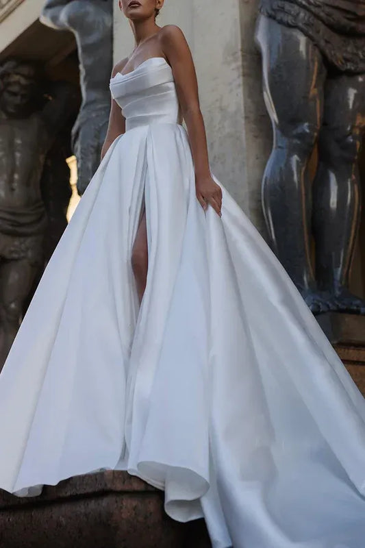 A-Line Strapless High Slit Floor-Length Wedding Dress - Yihuiw by Yihuiw
