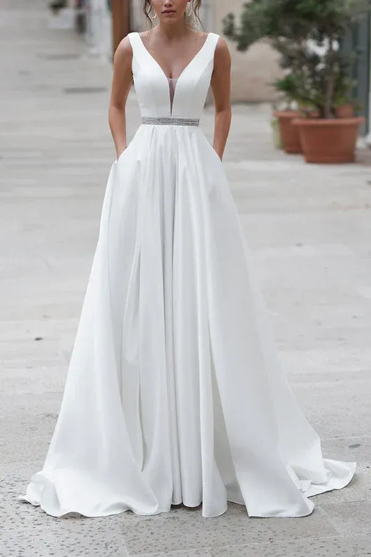 A-Line V-Neck Sleeveless Floor-Length Wedding Dress - Yihuiw by Yihuiw
