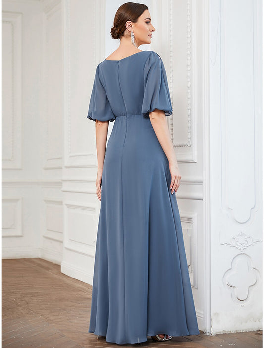 A-Line Evening Gown Minimalist Dress Wedding Guest Prom Floor Length Half Sleeve V Neck Chiffon with Pleats by YiHuiw