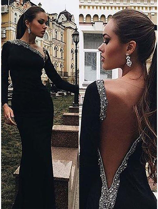 Mermaid / Trumpet Evening Gown Open Back Dress Wedding Guest Engagement Floor Length Long Sleeve V Neck Fabric with Crystals Beading by YiHuiw