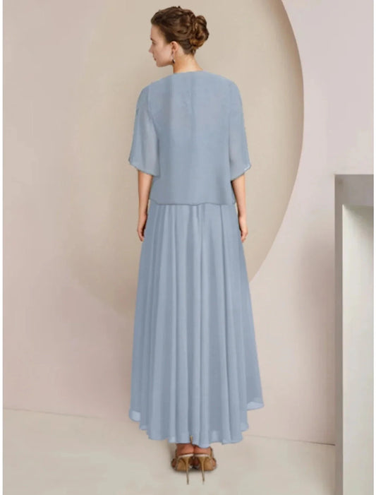 Sheath / Column Mother of the Bride Dress Wedding Guest Vintage Elegant V Neck Asymmetrical Ankle Length Chiffon Lace Half Sleeve with Pleats Solid Color by YiHuiw