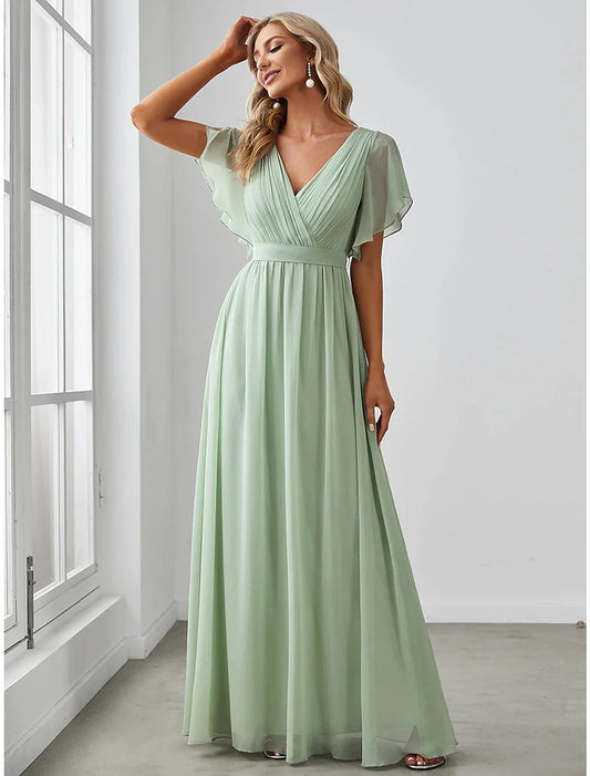 A-Line Bridesmaid Dress V Neck Short Sleeve Elegant Chiffon with Ruffles / Solid Color by YiHuiw