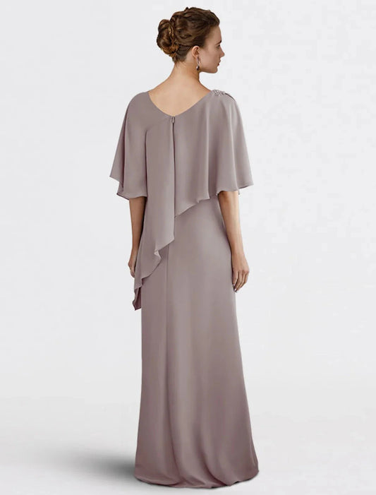 Sheath / Column Mother of the Bride Dress Wedding Guest Plus Size Elegant V Neck Floor Length Chiffon Half Sleeve with Beading Fall by YiHuiw