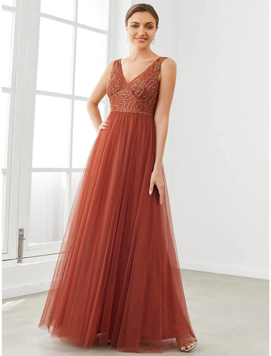 A-Line Prom Dresses Sparkle & Shine Dress Homecoming Wedding Guest Floor Length Sleeveless V Neck Tulle with Draping Splicing by YiHuiw