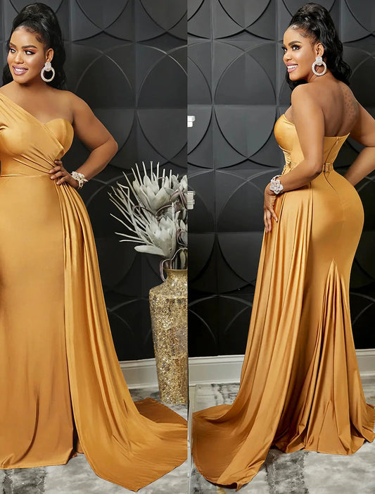 Women‘s Formal Party Dress Wedding Guest Dress Bodycon Long Dress Maxi Dress claret Black Blue Sleeveless Pure Color Patchwork Winter Fall Autumn One Shoulder Evening Party Slim by YiHuiw