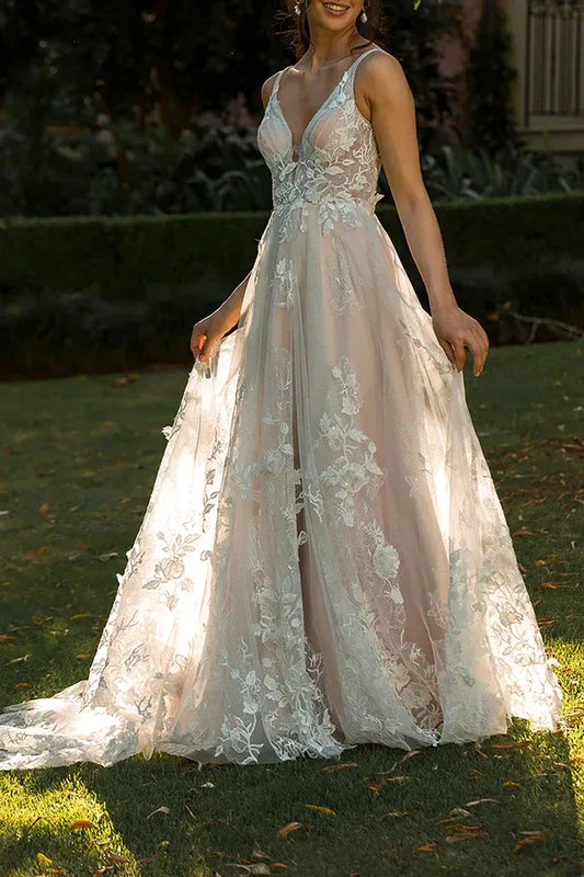 A-Line V-Neck Floor-Length Wedding Dress - Yihuiw by Yihuiw