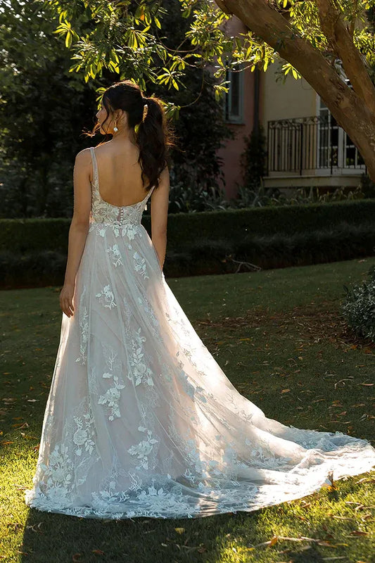A-Line V-Neck Floor-Length Wedding Dress - Yihuiw by Yihuiw