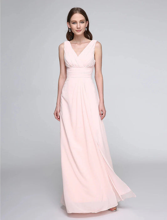 Sheath / Column Bridesmaid Dress V Neck Sleeveless Elegant Floor Length Chiffon with Criss Cross / Ruched by YiHuiw