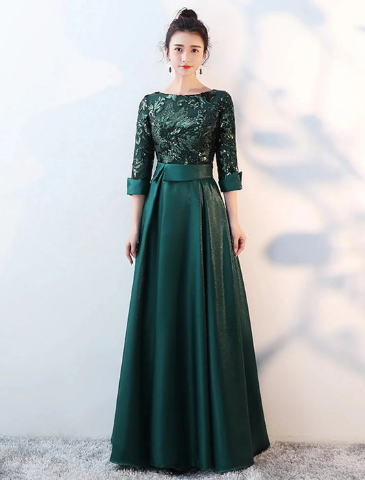 A-Line Bridesmaid Dress Jewel Neck Long Sleeve Beautiful Back Floor Length Satin / Tulle / Sequined with Sash / Ribbon / Pleats by YiHuiw