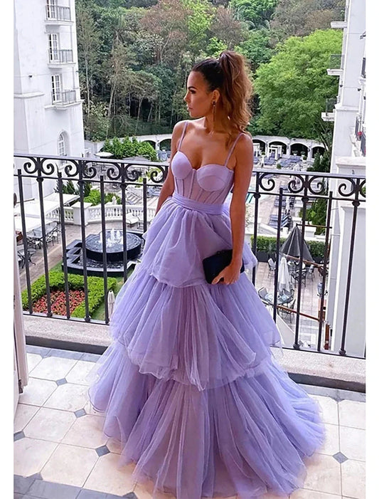 Ball Gown Prom Dresses Tiered Dress Formal Floor Length Sleeveless Sweetheart Tulle Backless with Pleats Ruched by YiHuiw