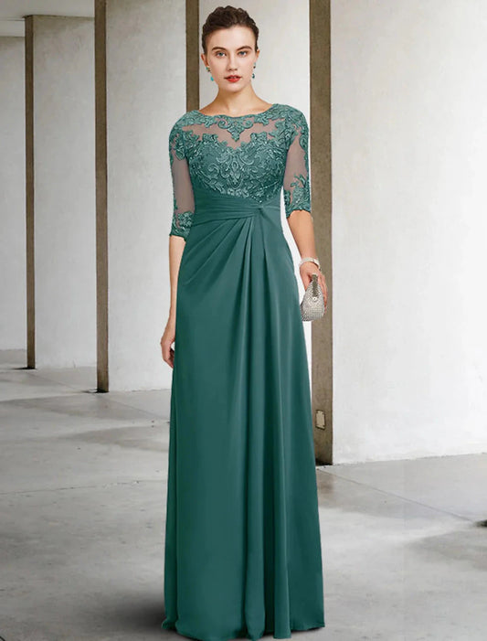 Sheath / Column Mother of the Bride Dress Fall Wedding Guest Dresses Plus Size Elegant Jewel Neck Floor Length Chiffon Lace Short Sleeve with Appliques Side-Draped by YiHuiw