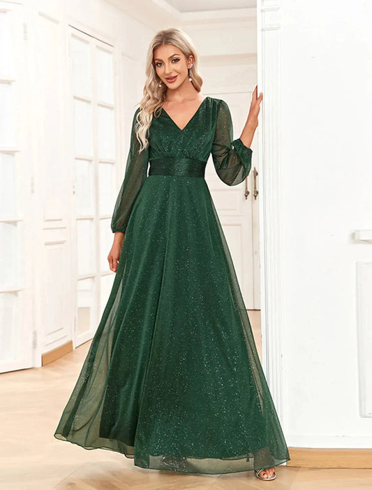 A-Line Evening Gown Elegant Dress Formal Floor Length Long Sleeve V Neck Chiffon with Sequin by YiHuiw