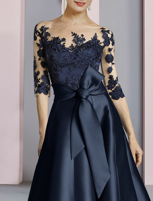 Sheath / Column Mother of the Bride Dress Fall Wedding Guest Party Elegant Scoop Neck Ankle Length Satin Lace Half Sleeve with Bow(s) Pleats by YiHuiw