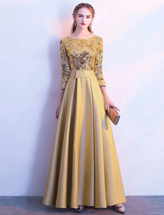 A-Line Bridesmaid Dress Jewel Neck Long Sleeve Beautiful Back Floor Length Satin / Tulle / Sequined with Sash / Ribbon / Pleats by YiHuiw