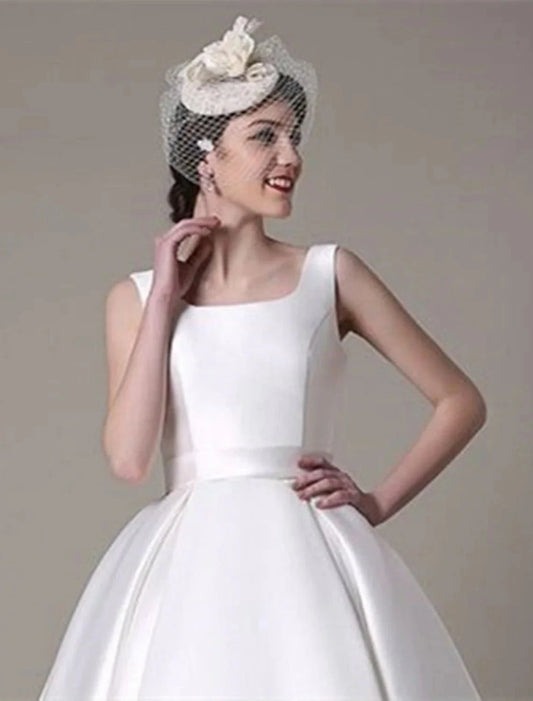 A-Line Cocktail Dresses Party Dress Graduation Wedding Guest Knee Length Sleeveless Square Neck Satin with Pleats by YiHuiw