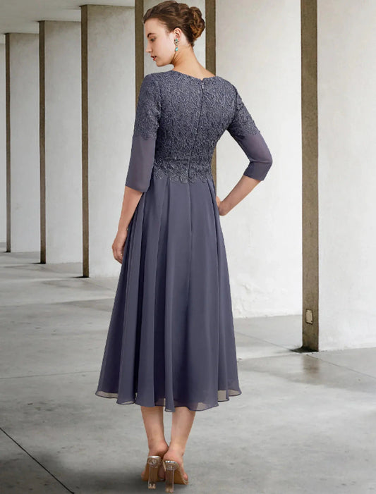 A-Line Mother of the Bride Dress Fall Wedding Guest Plus Size Elegant V Neck Tea Length Chiffon Lace 3/4 Length Sleeve with Ruffles Appliques by YiHuiw