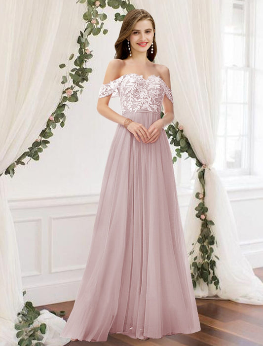 A-Line Bridesmaid Dress Off Shoulder Sleeveless Elegant Floor Length Chiffon / Lace with Pleats / Appliques by YiHuiw