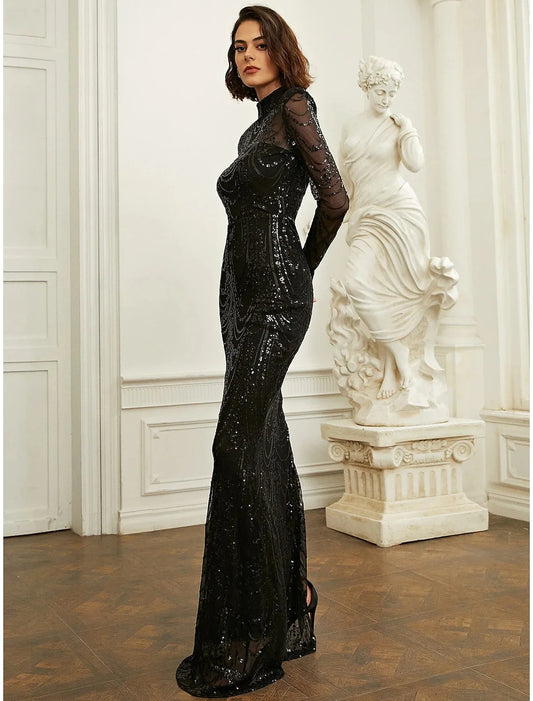 Sheath / Column Evening Gown Sparkle & Shine Dress Formal Wedding Guest Sweep / Brush Train Long Sleeve High Neck Sequined with Glitter Slit by YiHuiw