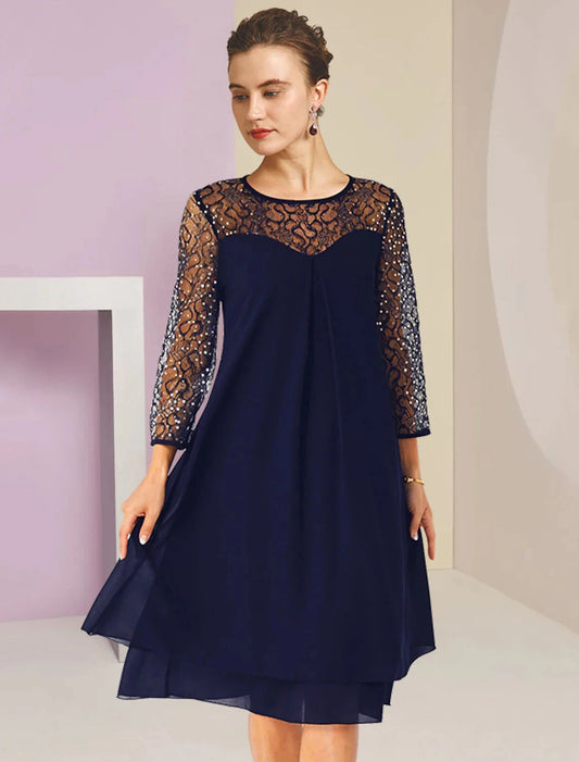 A-Line Mother of the Bride Dress Formal Wedding Guest Elegant Scoop Neck Knee Length Lace 3/4 Length Sleeve with Sequin by YiHuiw