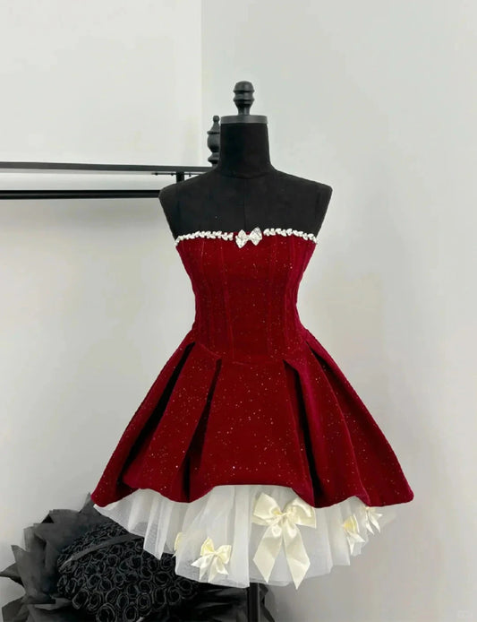 shiny cute sweet heavy red velvet tube top short Bow skirt homecoming dress simple gentle atmospheric and unique desi Bring summer colors to enhance whiteness by YiHuiw
