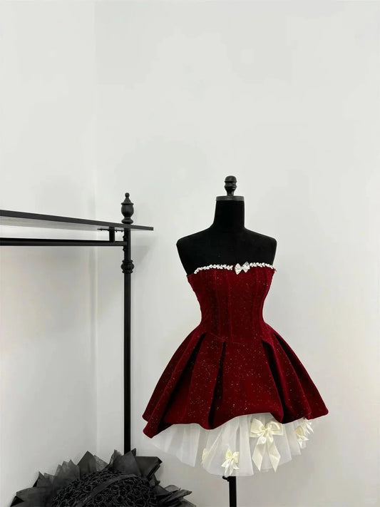 shiny cute sweet heavy red velvet tube top short Bow skirt homecoming dress simple gentle atmospheric and unique desi Bring summer colors to enhance whiteness by YiHuiw