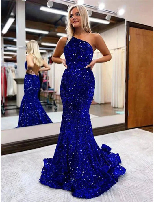 Mermaid / Trumpet Prom Dresses Sparkle & Shine Dress Formal Prom Floor Length Sleeveless One Shoulder Sequined Backless with Sequin by YiHuiw