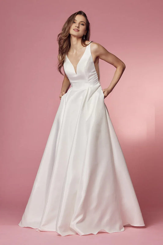 A-Line Plunging Sleeveless Floor-Length Wedding Dress - Yihuiw by Yihuiw