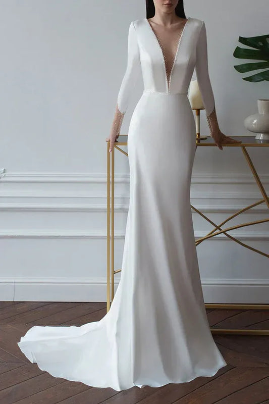 Mermaid V-Neck Floor-Length Wedding Dress - Yihuiw by Yihuiw