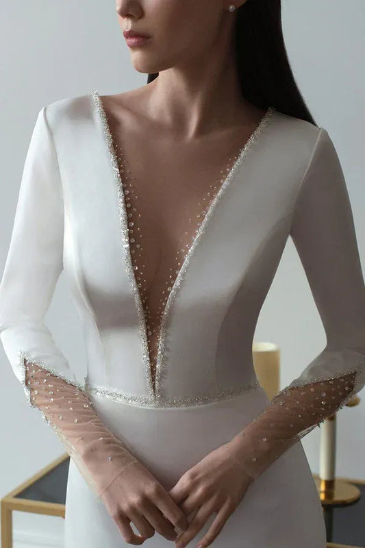 Mermaid V-Neck Floor-Length Wedding Dress - Yihuiw by Yihuiw