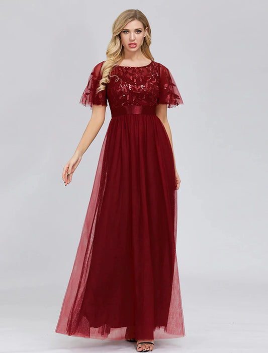 A-Line Empire Elegant Party Wear Prom Dress Jewel Neck Short Sleeve Floor Length Tulle with Embroidery by YiHuiw