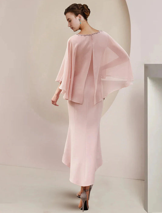 Mermaid / Trumpet Mother of the Bride Dress Formal Wedding Guest Party Vintage Elegant Scoop Neck Asymmetrical Tea Length Chiffon Sleeveless with Beading by YiHuiw