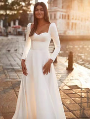 Reception Royal Style Casual Wedding Dresses A-Line Sweetheart Long Sleeve Sweep / Brush Train Satin Bridal Gowns With Solid Color Summer Wedding Party Women's Clothing